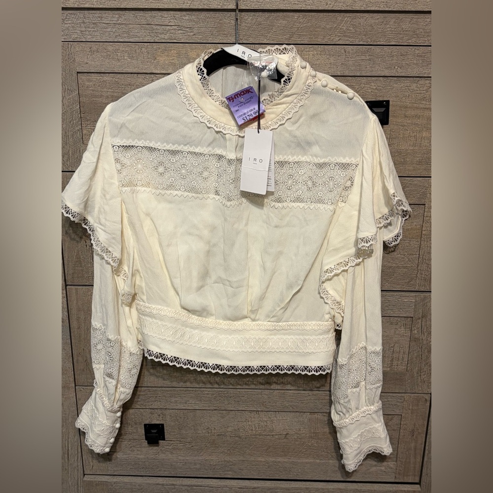 IRO Cream Lace-Trim Ruffle Blouse